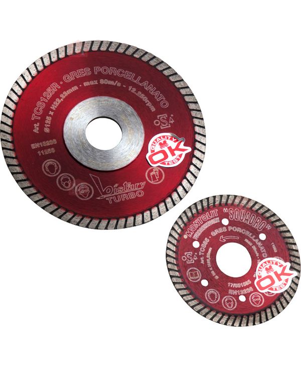 Turbo-segmenteret fliseklinge i rød farve til skæring af porcelæn og hårde keramiske fliser. TCS 85 fliseklingen er udviklet til skæring af kvadratiske huller med høj præcision og et minimum af overskæring. Fås i diametrene 85 mm, 100 mm og 115 mm.