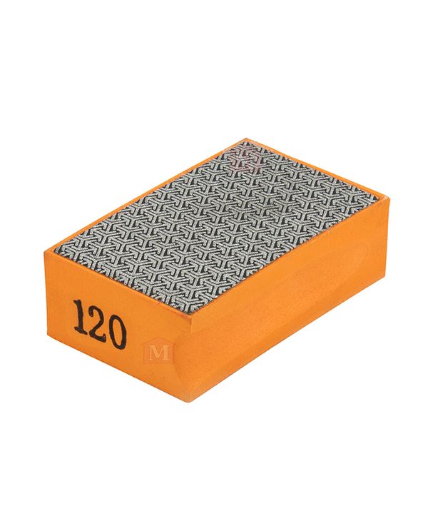 Diamant slibeklods/pudseklods i kornstørrelse 120 til slibning af kanter på fliser og natursten. Orange farve.