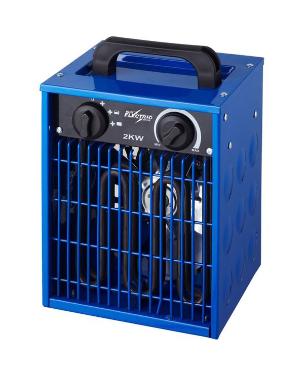 Varmeblæser fra Blue Electric med 2 kW, 230V. Kabinet i blå farve.