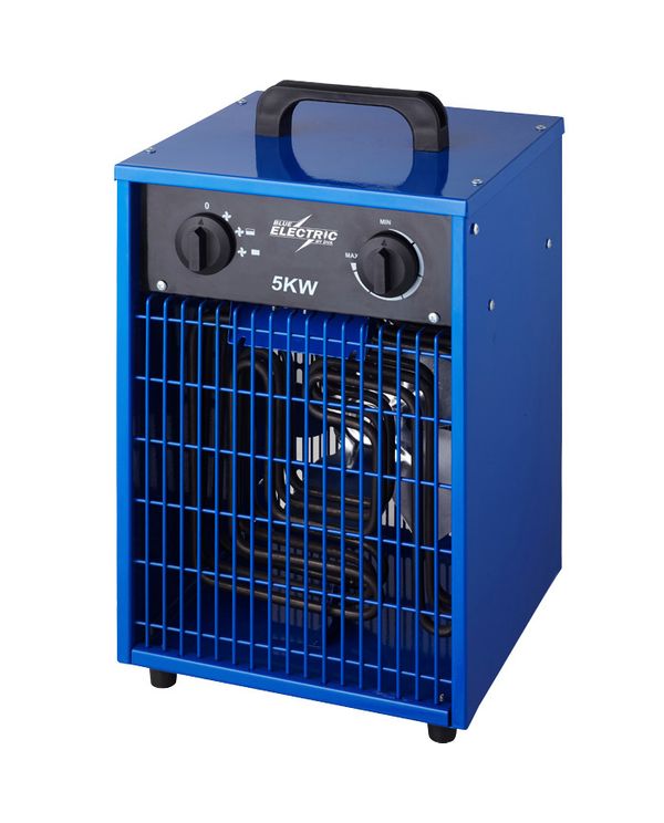 Varmeblæser fra Blue Electric med 5 kW, 400V. Kabinet i blå farve.