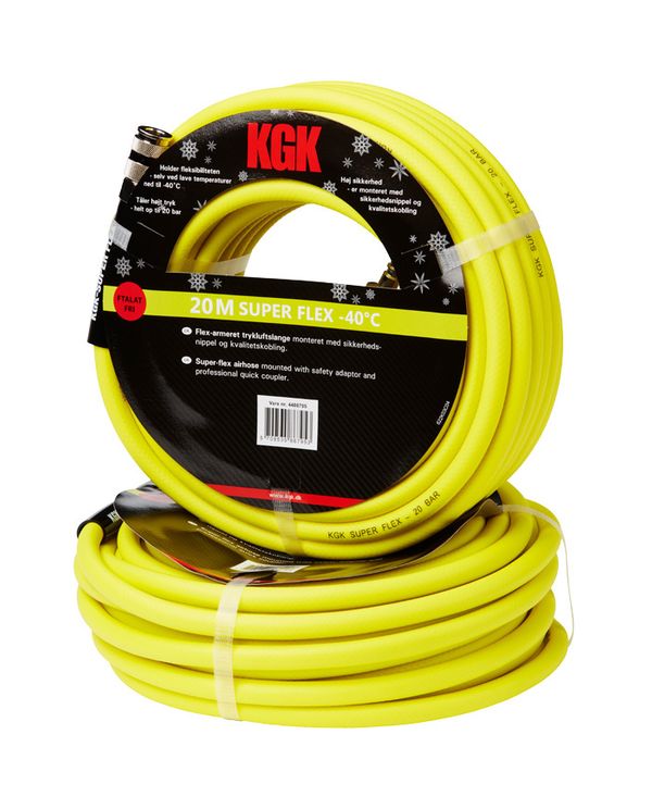 20 meters superflex slange fra KGK i gul farve, der monteres vha. kobling og sikkerhedsnippel.