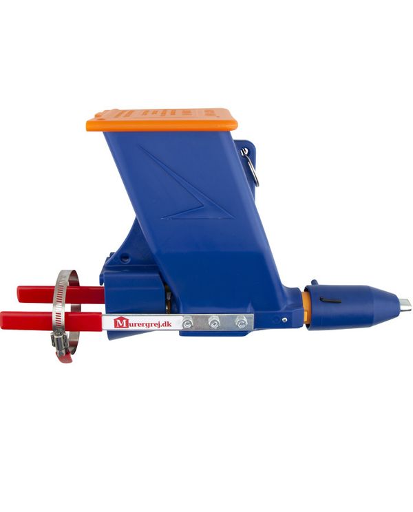 Komplet elektrisk Mørtelfugepistol adapter fra Quickpoint i blå farve med orange låg, klar til montering på en boremaskine efter eget valg.