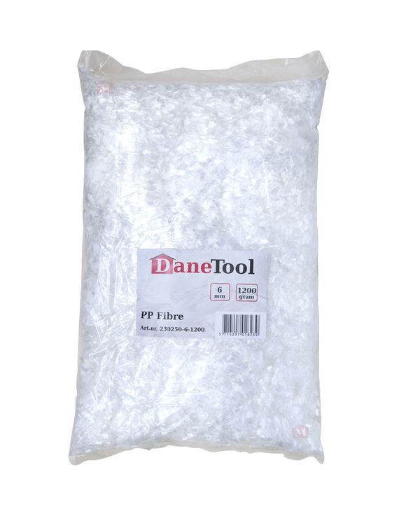 DaneTool PP Microfibre i hvid farve i med en fiberstørrelse på 6 mm. Pose med 1200 gram. Tilsættes til beton eller mørtel, virker som armering og hjælper til at undgå revner.