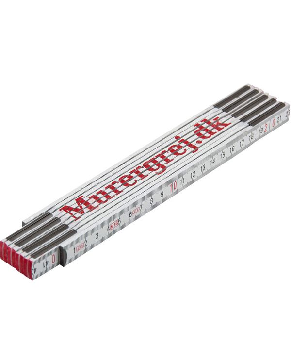 Tommestok i hvid farve med printet Murergrej.dk logo. Længde på 2 meter fordelt på 10 led.  