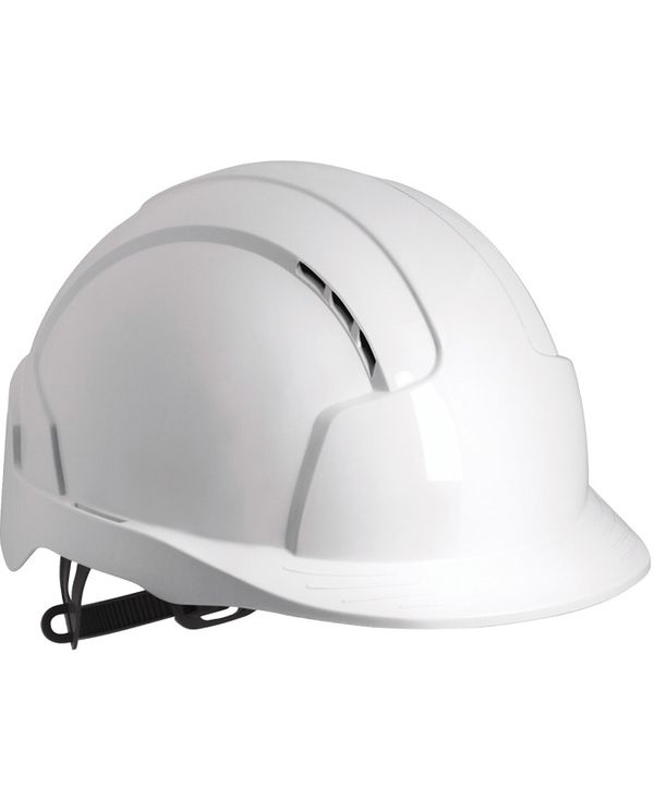JSP Evolite hjelm i hvid farve. Sikkerhedsgodkendt hjelm til arbejdspladsen. Fremstillet i ABS-plast med en vægt på kun 300 g og et 6-punktsophængt indtræk med 3 dybdeindstillingspunkter.