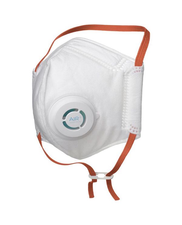 FFP2 maske med hvidt filter og elastikstropper i orange farve.