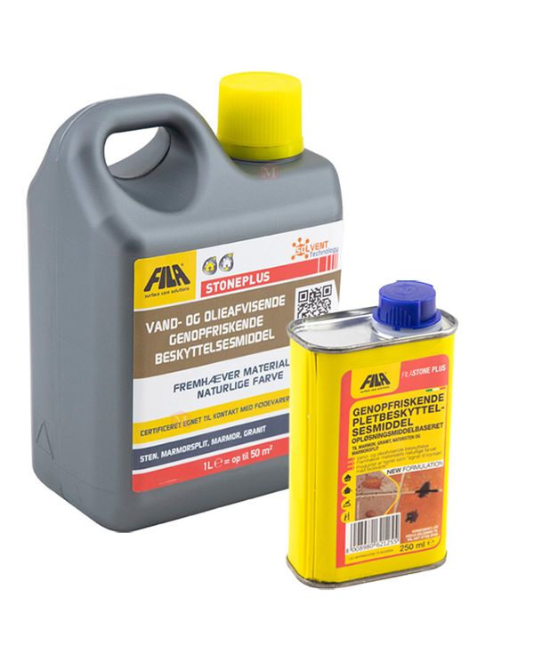 StonePlus flisebeskyttelse fra Fila Solutions i gul 250 ml eller grå 1 liter dunk. Vand- og olieafvisende genopfriskende beskyttelsesmiddel.