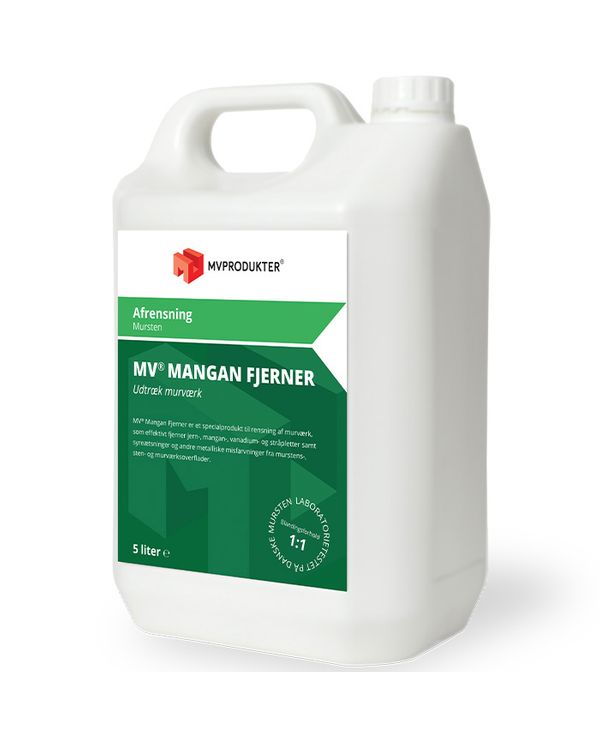 Mangan Fjerner fra MV Produkter til murværksafrensning i hvid dunk med grøn label. 5 liters dunk. Til rensning af murværk, fjernelse af jern-, mangan- og stålpletter. 